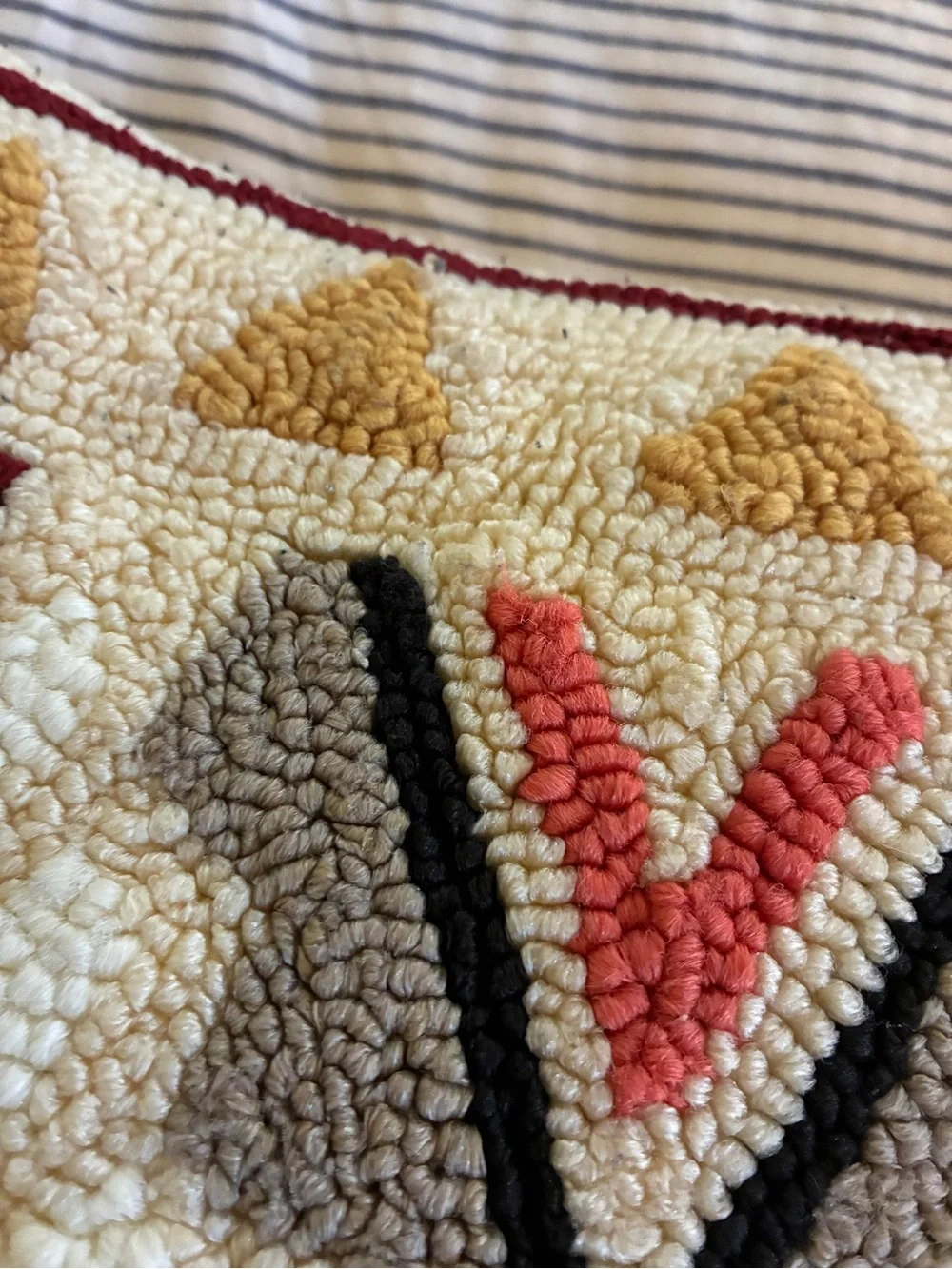 Boho Geometric Hooked Pillow - Cream with Burgundy & Mustard Accents